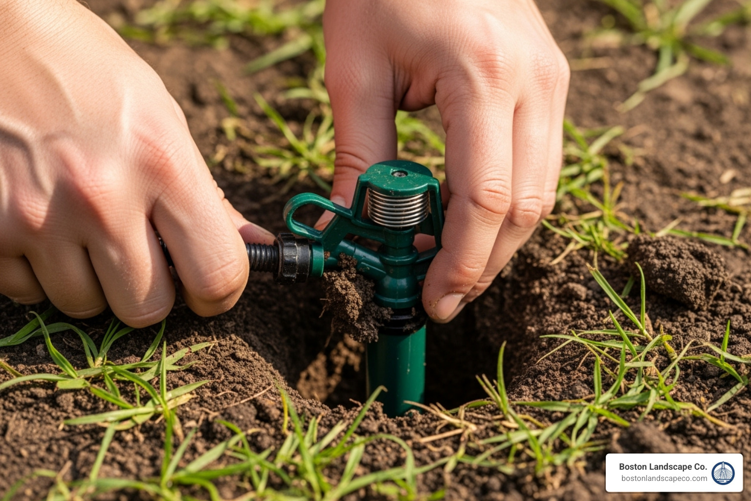 A pop-up sprinkler head being installed using a flexible swing pipe, ensuring proper placement - Lawn watering system installation