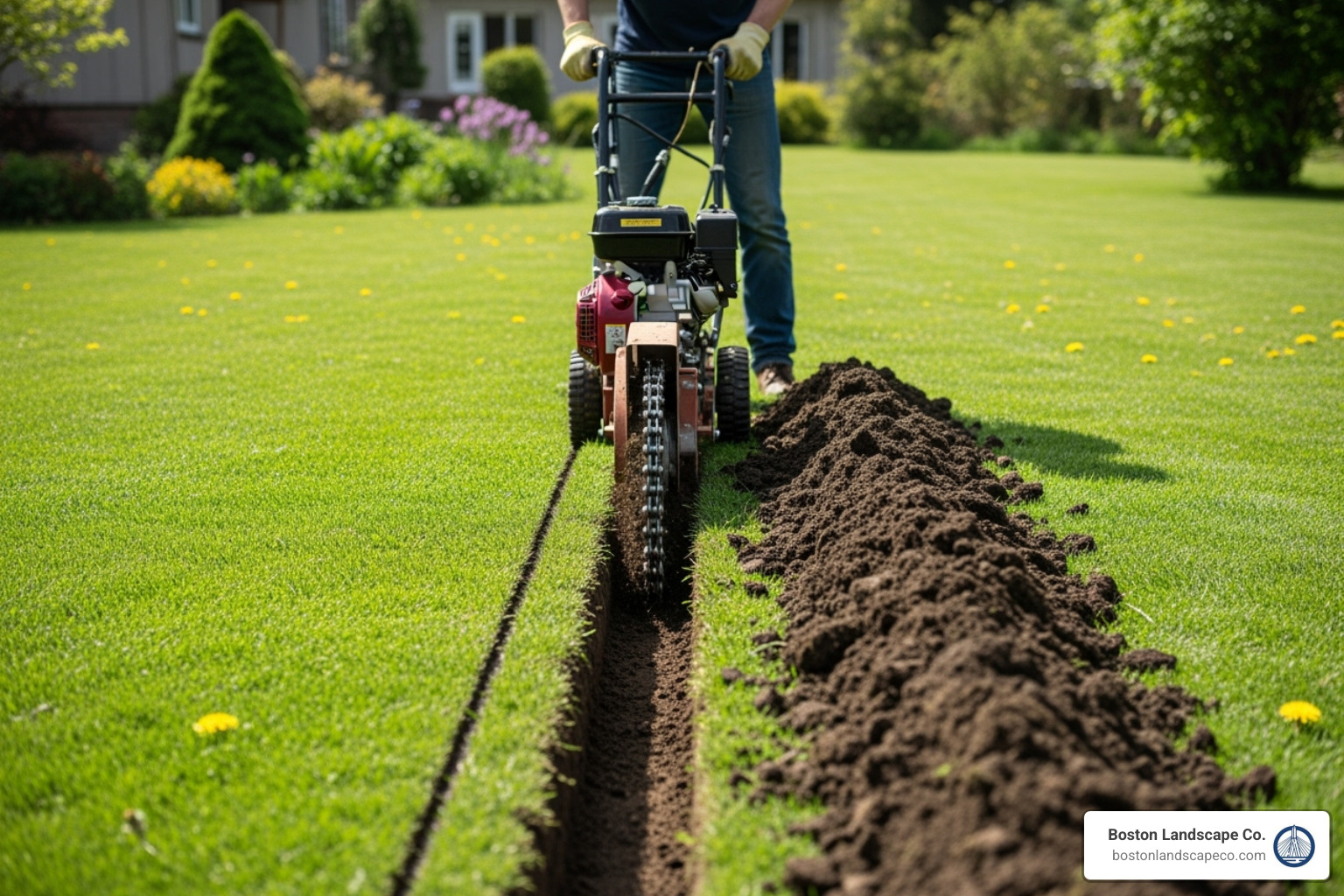 A person digging a clean trench line with a shovel or trencher - Lawn watering system installation