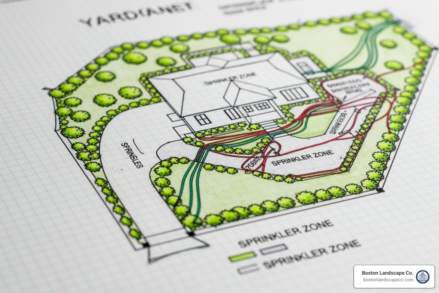 A hand-drawn yard map on graph paper with sprinkler zones marked, showing careful planning - Lawn watering system installation