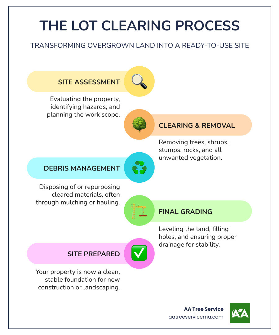 Infographic explaining the 4 key stages of lot clearing: Assessment, Clearing, Debris Removal, and Grading. - lot clearing services infographic infographic-line-5-steps-colors Infographic explaining the 4 key stages of lot clearing: Assessment, Clearing, Debris Removal, and Grading. - lot clearing services infographic infographic-line-5-steps-colors