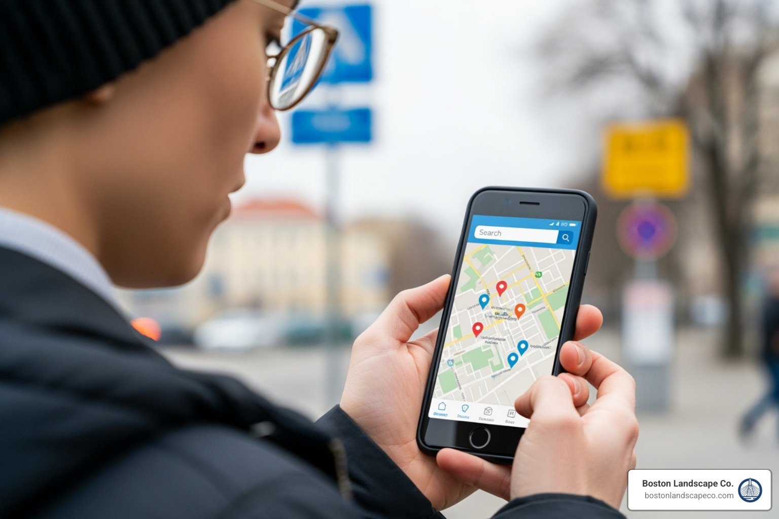 person on a phone searching for local services - Plow service near me