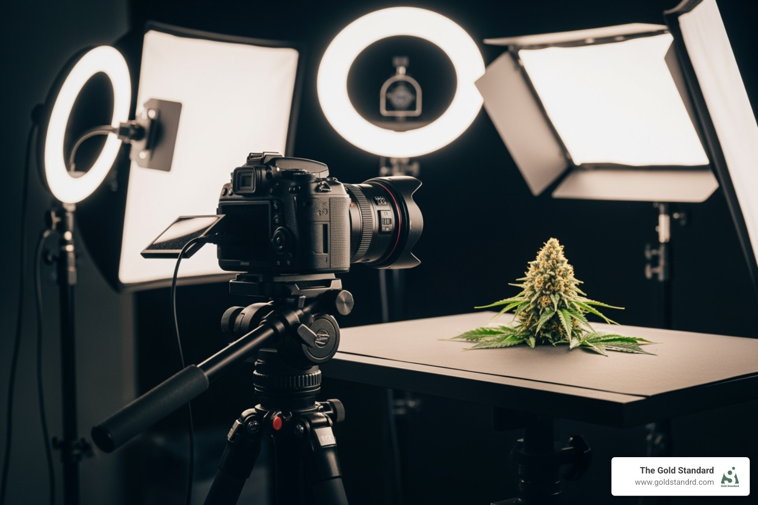 professional cannabis photography setup with lighting and macro lens focused on a cannabis flower from a New York dispensary, showcasing advanced equipment and meticulous staging - beautiful cannabis photography