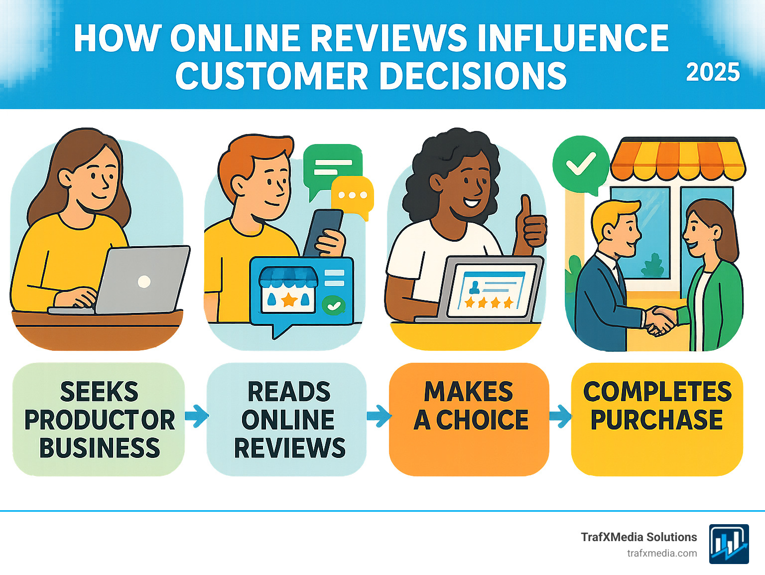 Infographic detailing how online reviews influence customer decisions, showing stages from findy to purchase, with diverse but primarily white characters engaged in online research and positive business interactions. - small business review management infographic 