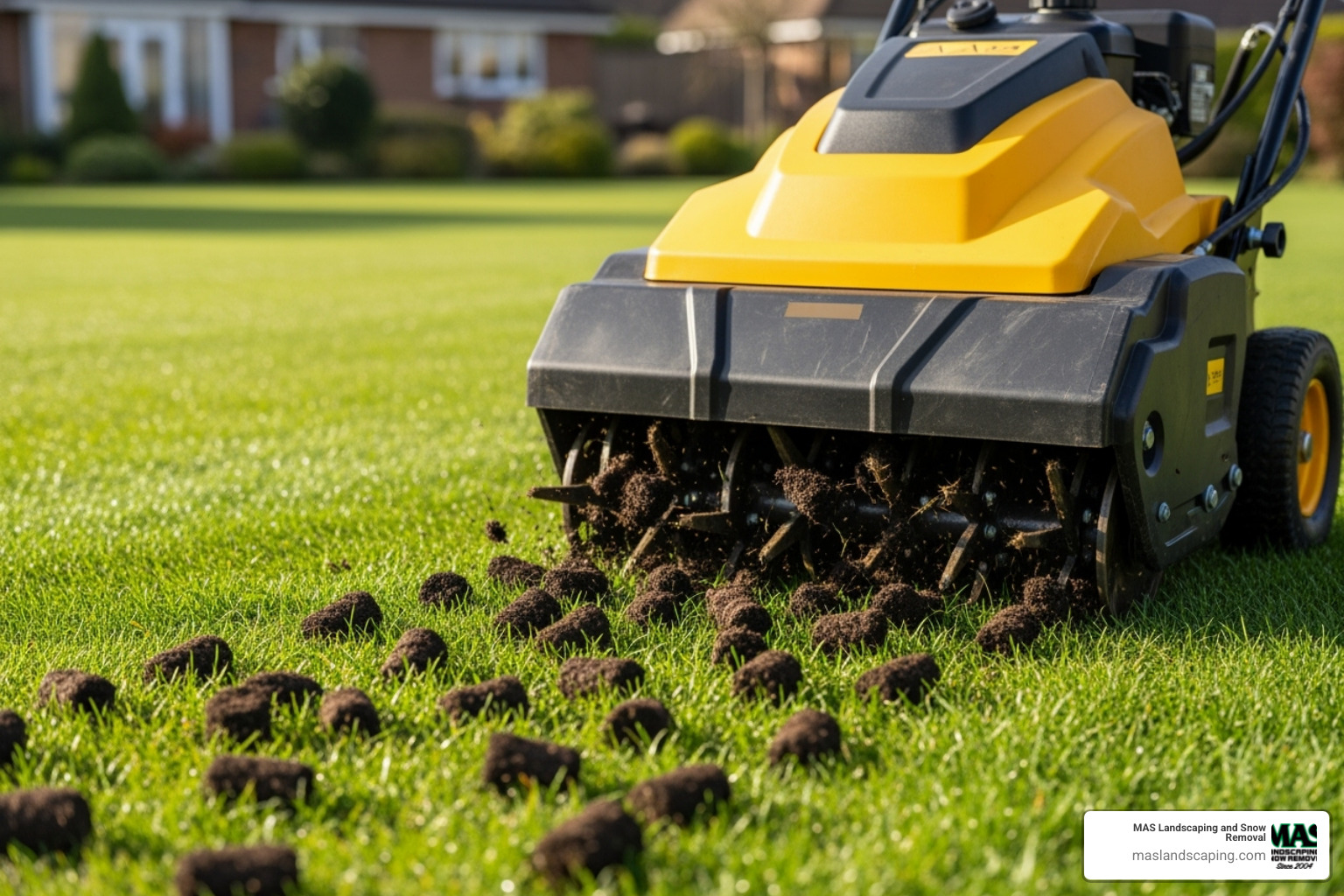 Core aerator machine on a lawn - lawn care and maintenance Core aerator machine on a lawn - lawn care and maintenance