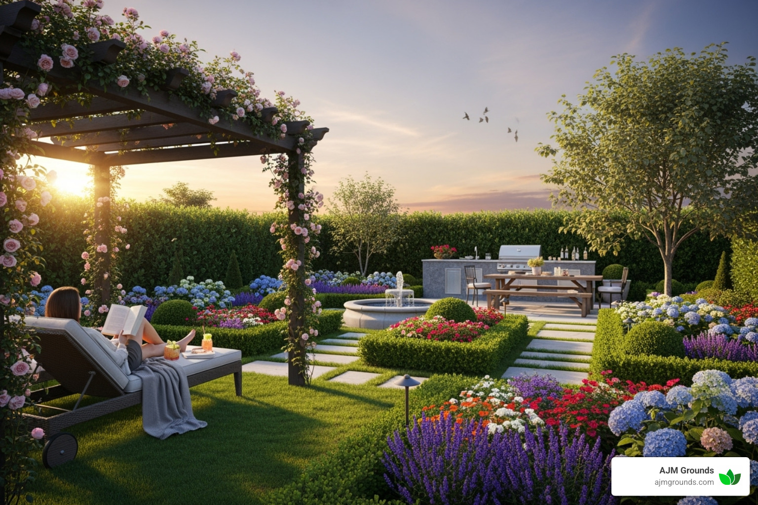 A homeowner relaxing in their perfectly manicured backyard - lawn care woburn ma