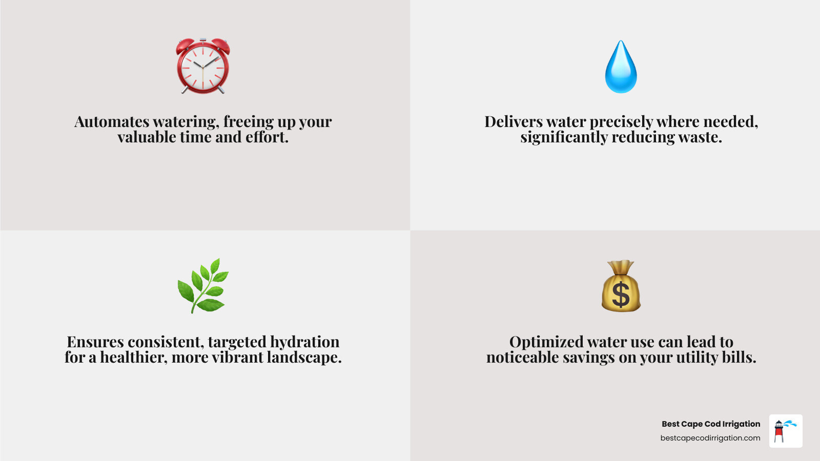 Infographic detailing the key benefits of an automated sprinkler system, including saving time by automating watering tasks, conserving water through efficient delivery, potentially reducing utility costs over time, and promoting healthier plant growth through consistent hydration - sprinkler water system infographic 4_facts_emoji_grey