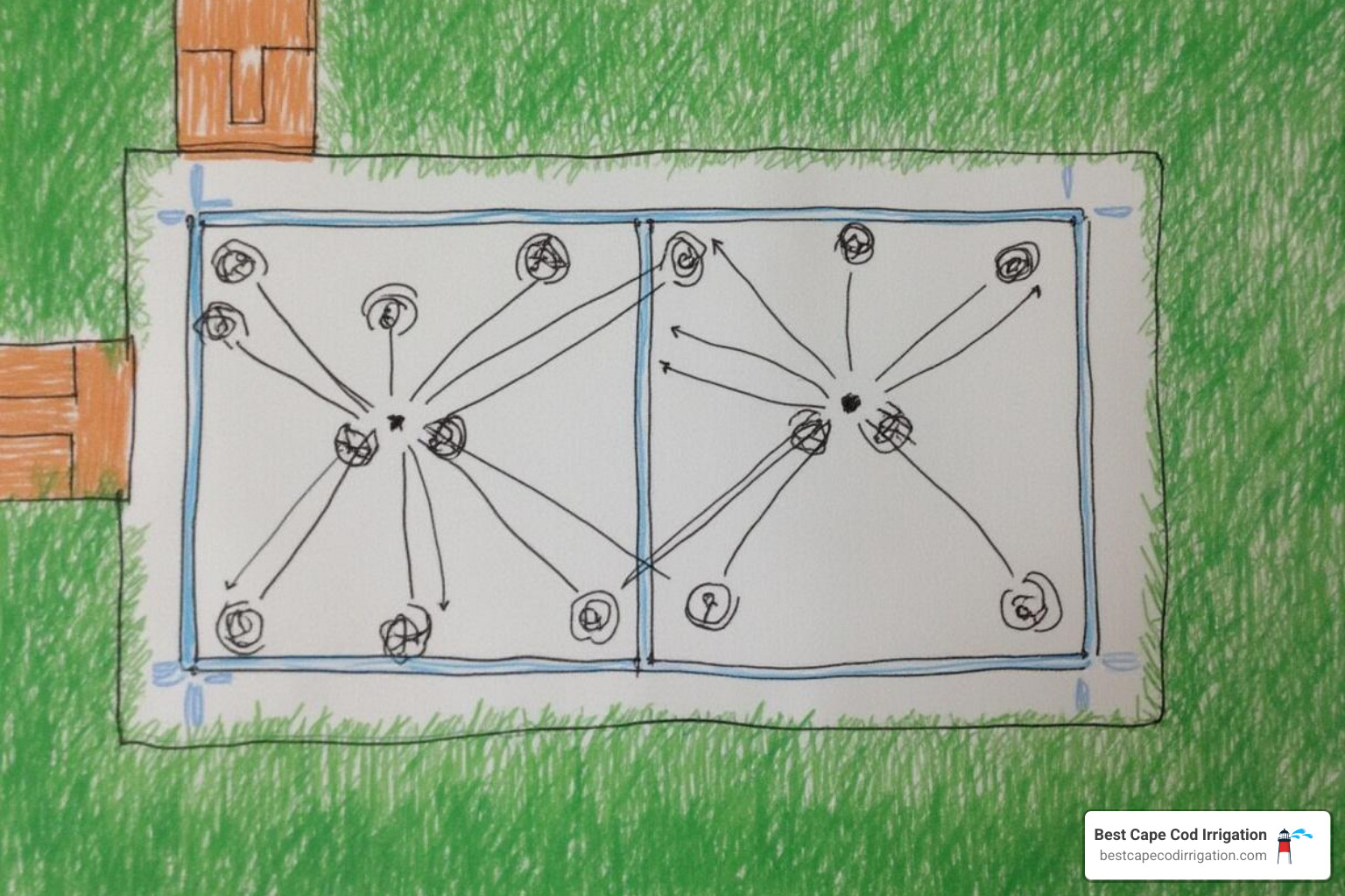 Hand-drawn sprinkler system plan for a yard - sprinkler water system