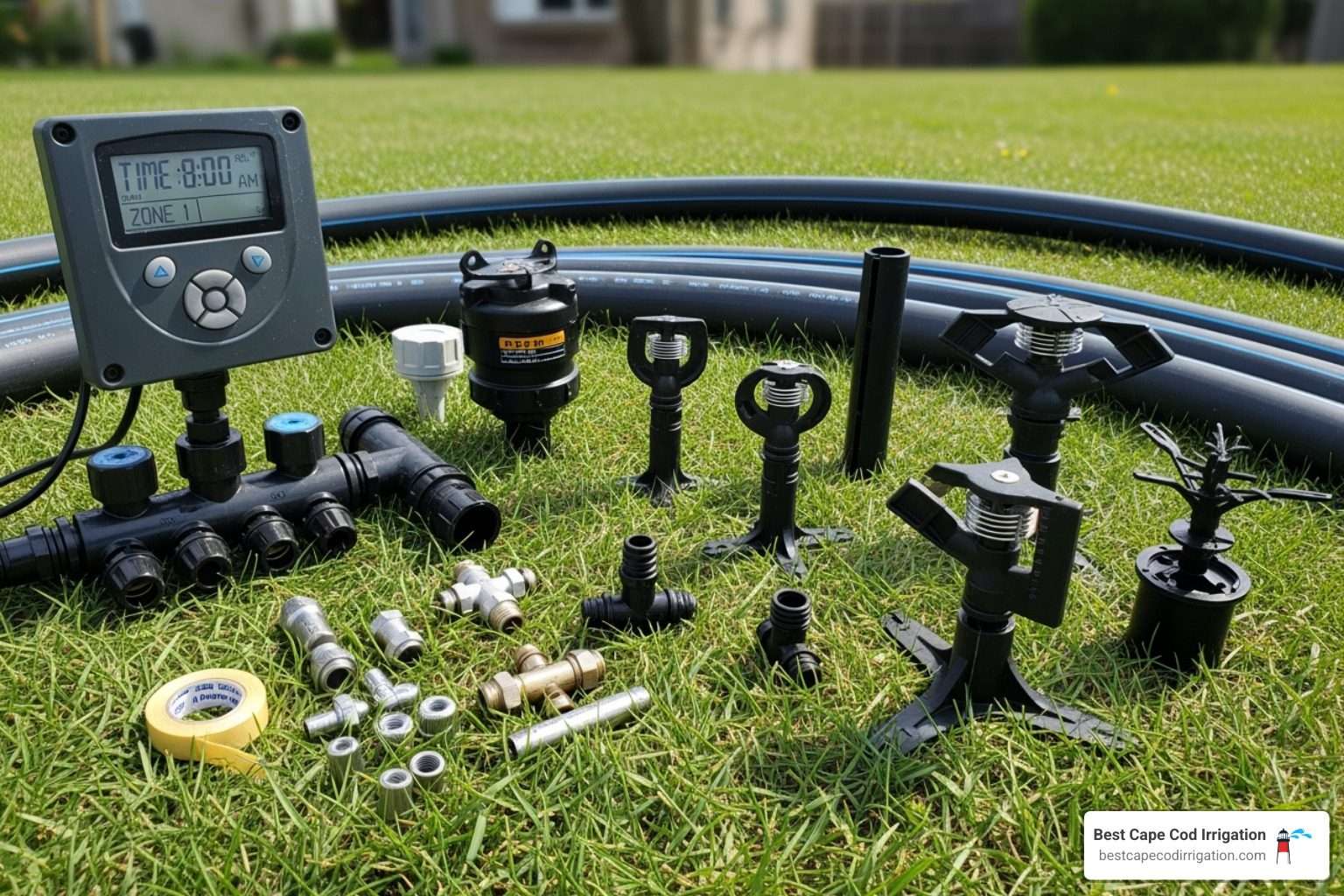 Main components of an in-ground sprinkler system laid out and labeled - sprinkler water system