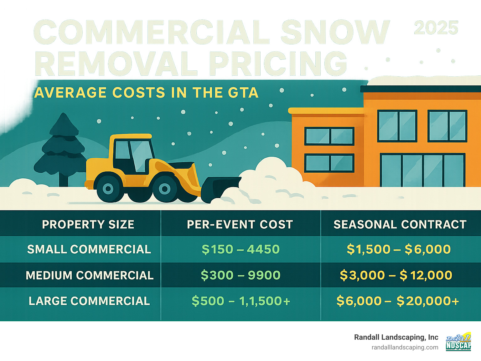 Infographic detailing average commercial snow removal costs by property size and contract type, showing per-event and seasonal pricing ranges for small, medium, and large commercial properties. - commercial snow removal pricing infographic 