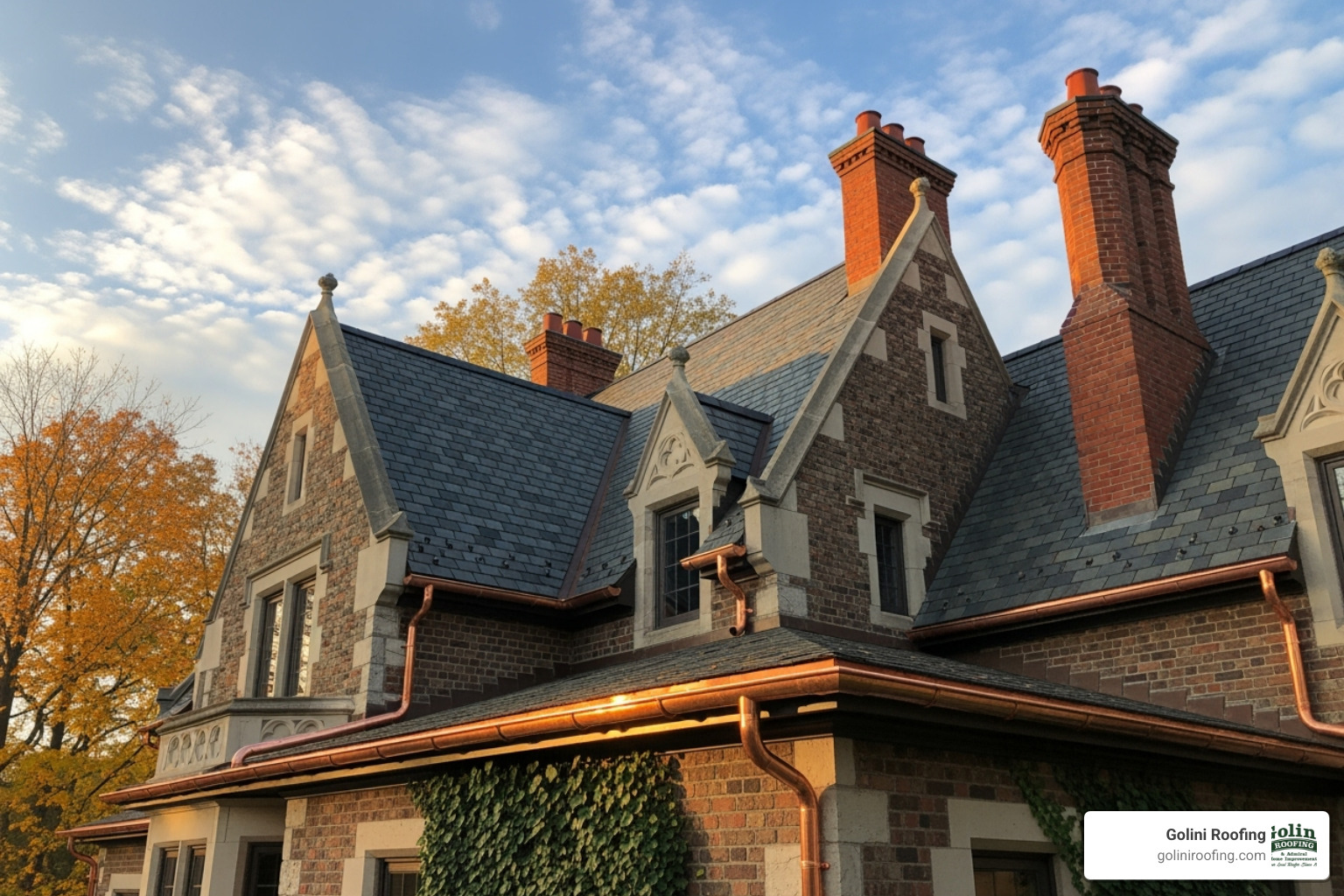 Neat half-round copper gutters on a historic-style house - types of rain gutters Neat half-round copper gutters on a historic-style house - types of rain gutters