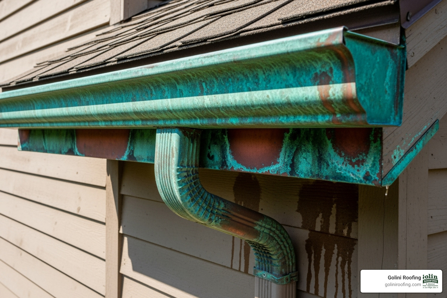 Copper gutter developing its characteristic green patina - types of rain gutters Copper gutter developing its characteristic green patina - types of rain gutters
