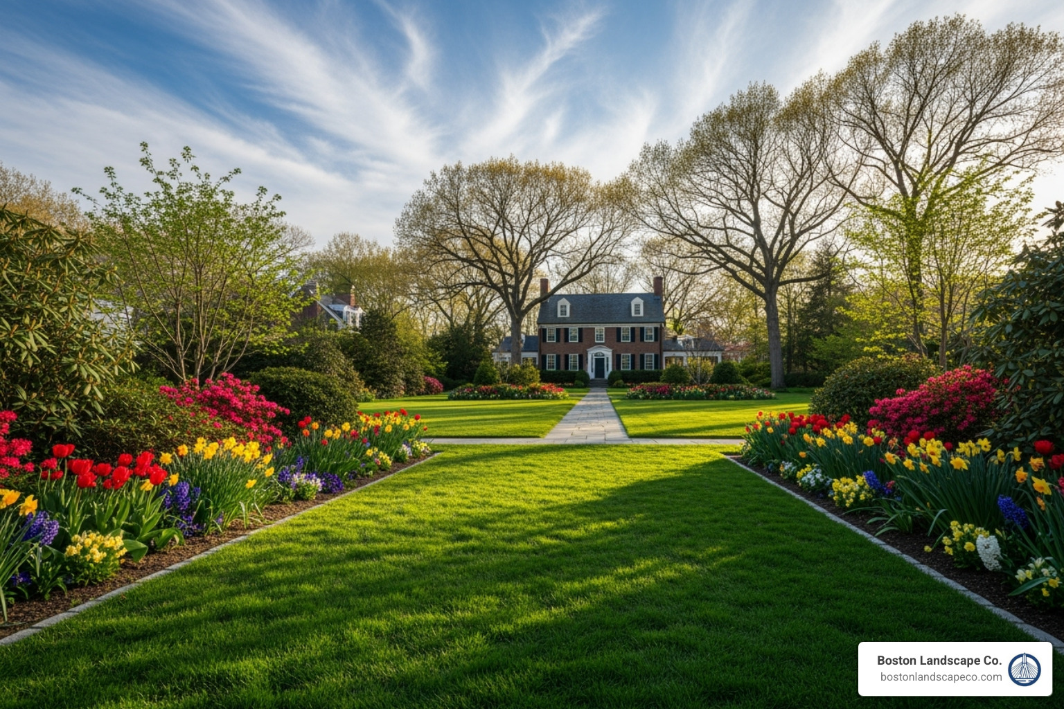 A beautiful residential landscape in the Boston area with a lush green lawn and well-maintained garden beds - lawn irrigation cost estimate