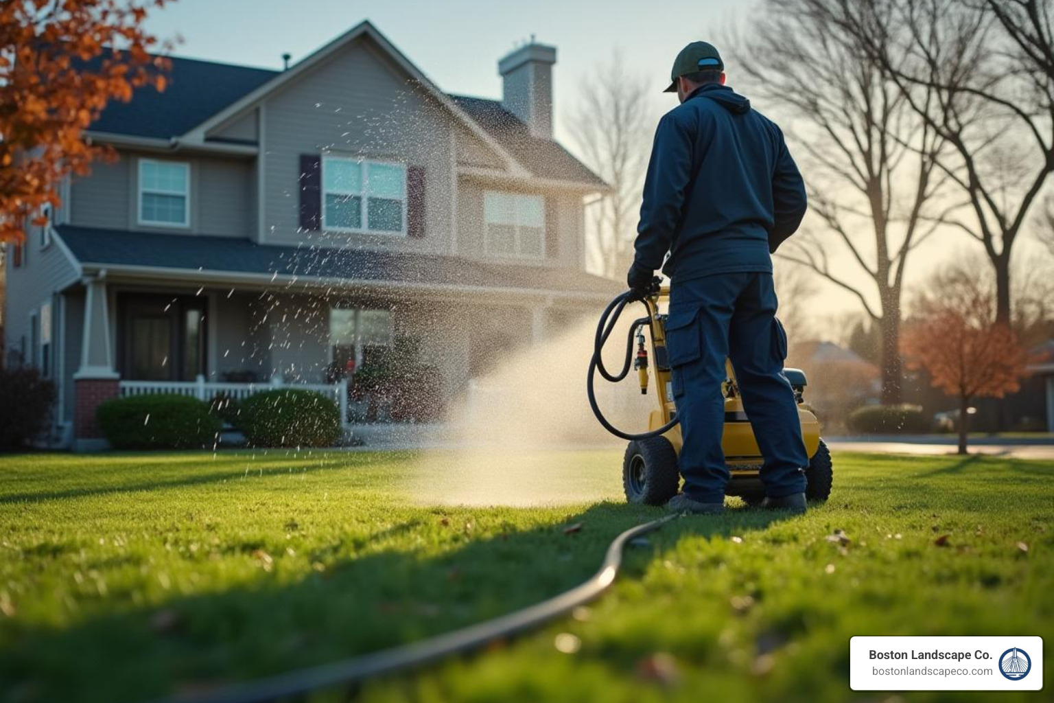 A professional performing a winterization blowout on a sprinkler system, using an air compressor to clear water from the lines - lawn irrigation cost estimate