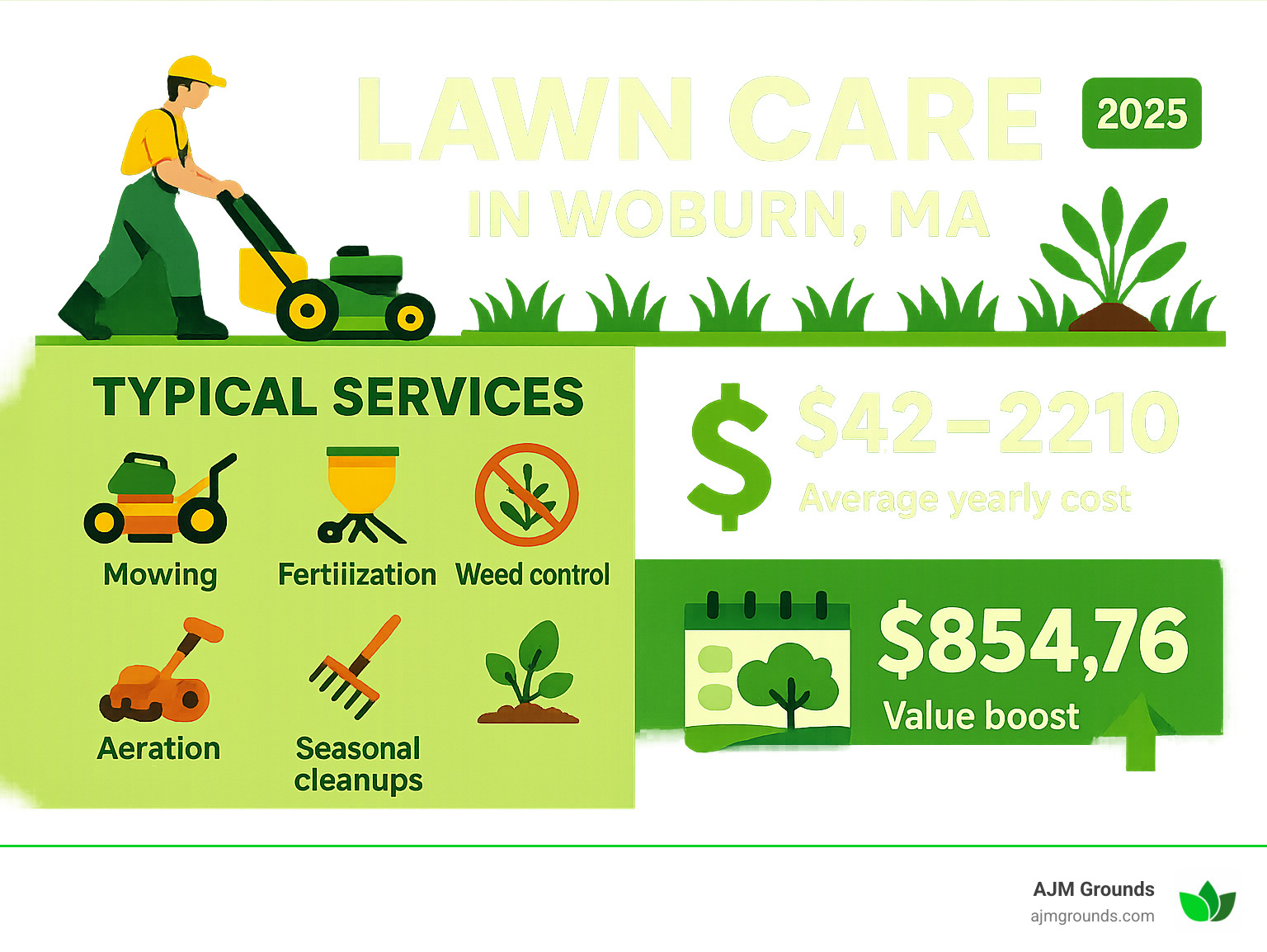 Infographic detailing typical lawn care services and costs in Woburn, MA - lawn care woburn ma infographic 