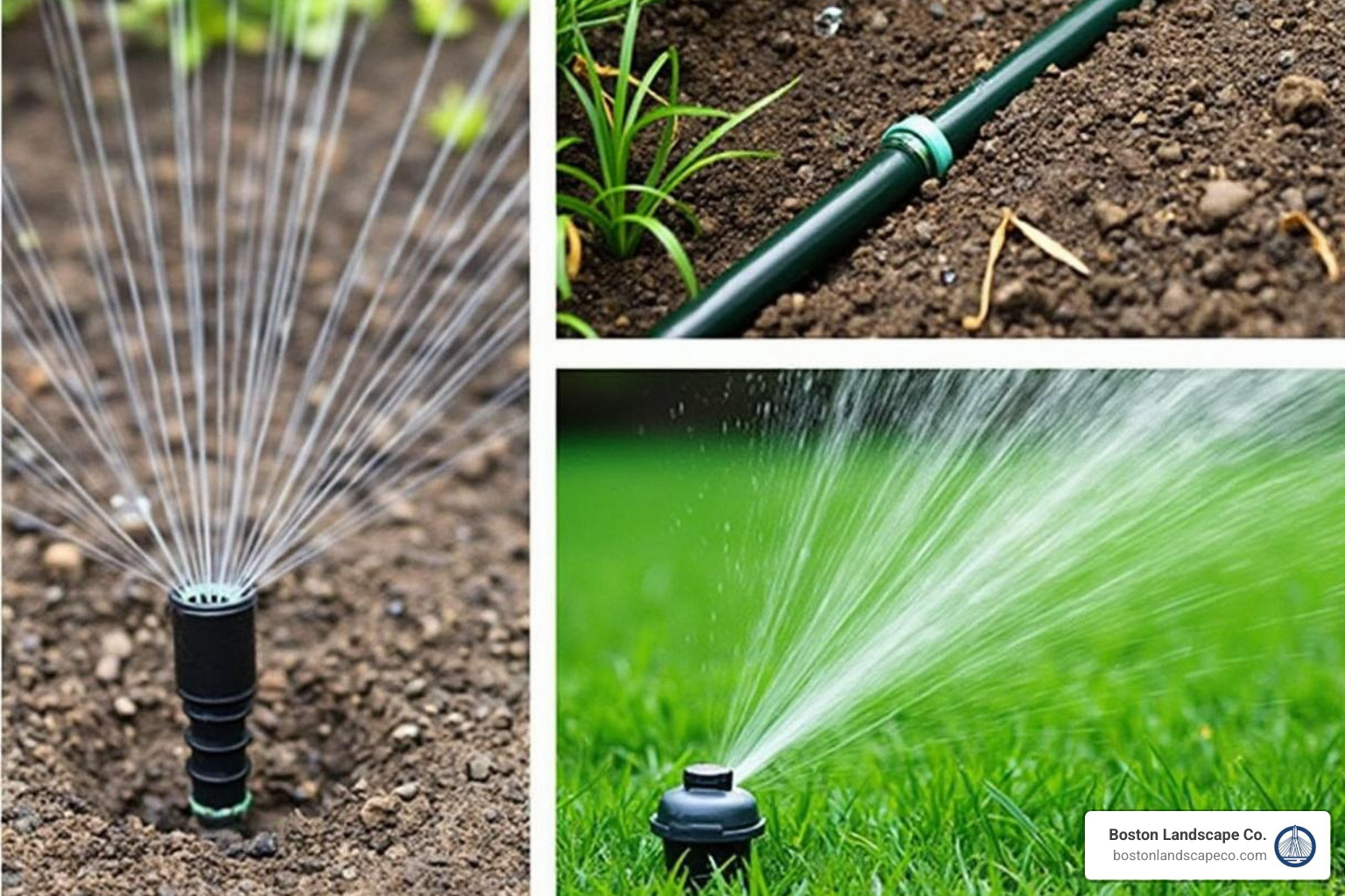 A collage showing the difference between a pop-up sprinkler head emerging from the ground, a drip line snaking through a garden bed with water droplets, and an above-ground oscillating sprinkler spraying water over a lawn - lawn irrigation cost estimate