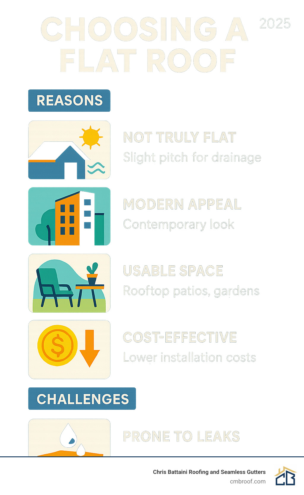 Infographic summarizing reasons for choosing a flat roof and its potential challenges - residential flat roof construction infographic 