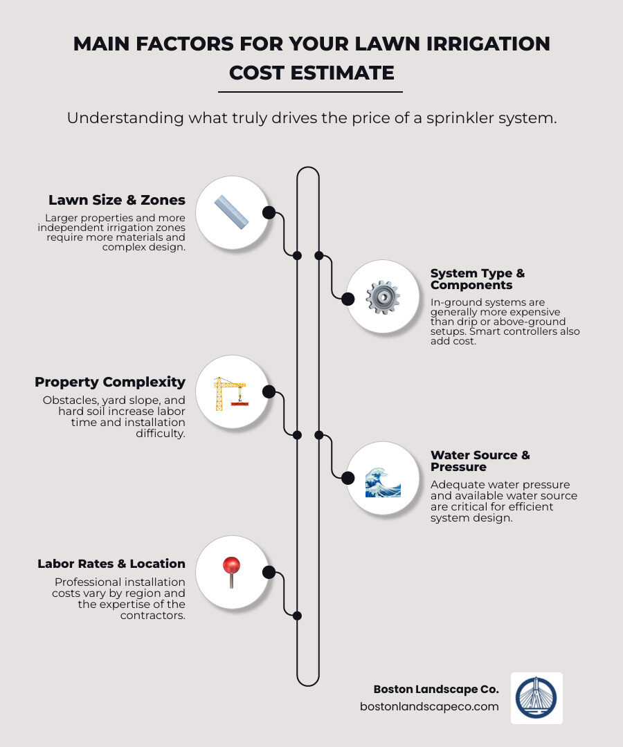 Infographic detailing factors influencing lawn irrigation cost estimates, including lawn size, number of zones, system type, soil conditions, and labor rates - lawn irrigation cost estimate infographic infographic-line-5-steps-neat_beige