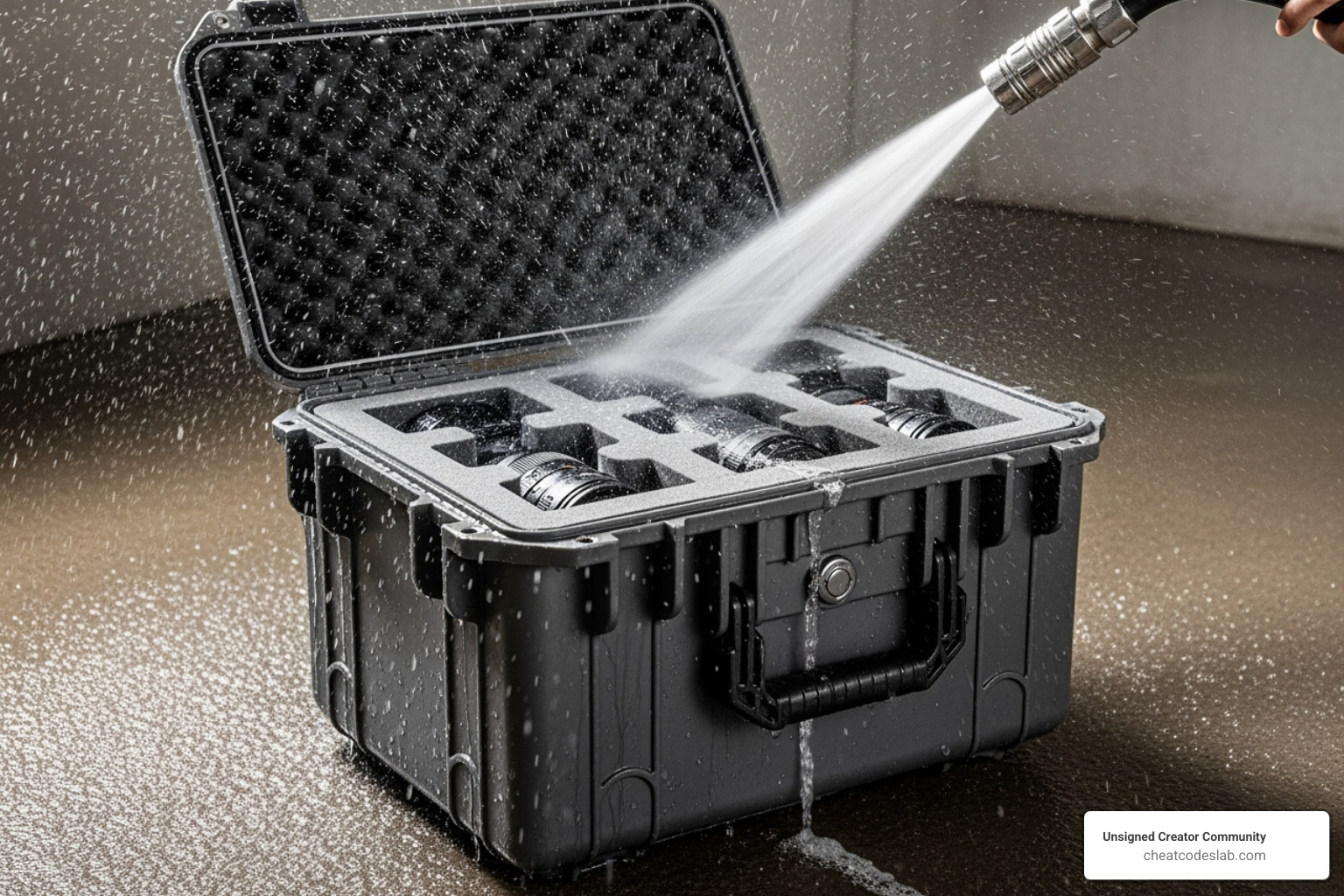 Image of a hard case being sprayed with water to demonstrate its waterproof seal - best hard case for camera gear