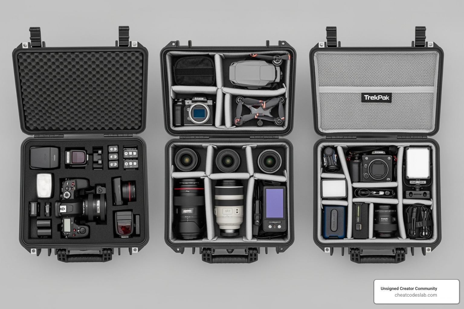 Image showing a side-by-side comparison of cubed foam, padded dividers, and a TrekPak interior - best hard case for camera gear