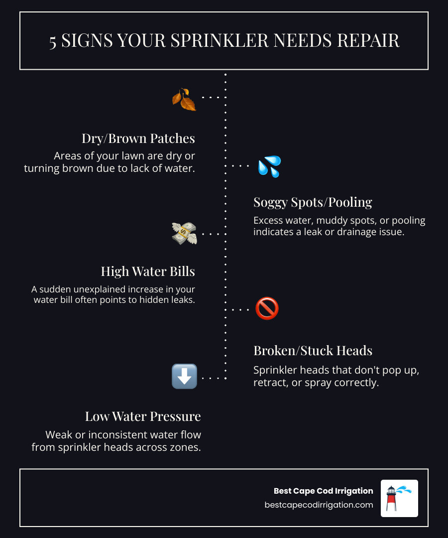 Infographic detailing common signs your sprinkler system needs immediate repair, including dry patches, soggy spots, unusually high water bills, broken or stuck heads, and inconsistent water pressure. - yard sprinkler repair near me infographic infographic-line-5-steps-dark