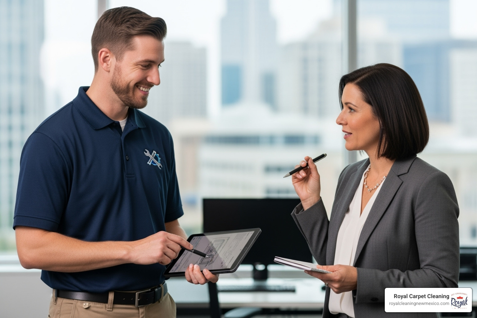 Friendly, uniformed technician consulting with a business manager - commercial carpet cleaning
