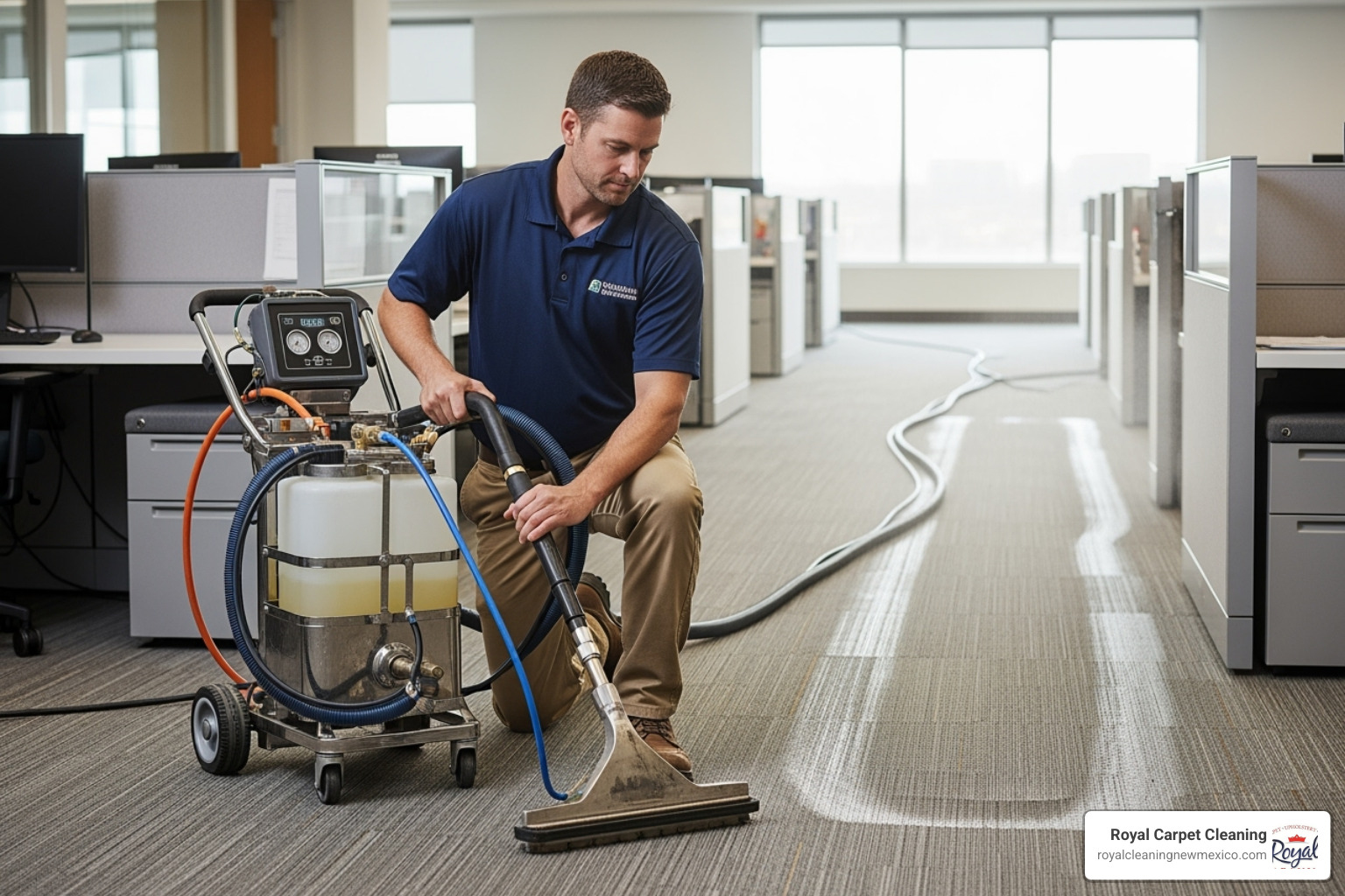 Technician using a professional hot water extraction machine on a commercial carpet - commercial carpet cleaning