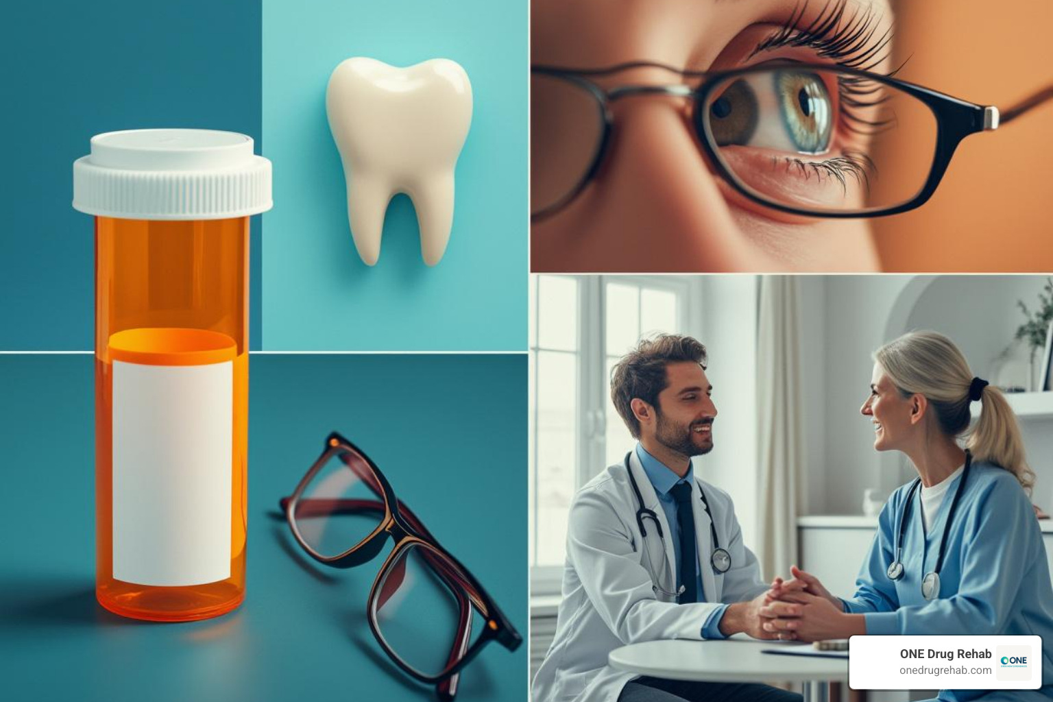 collage showing a prescription bottle, eyeglasses, a dental check-up, and a person talking to a therapist - employer health insurance