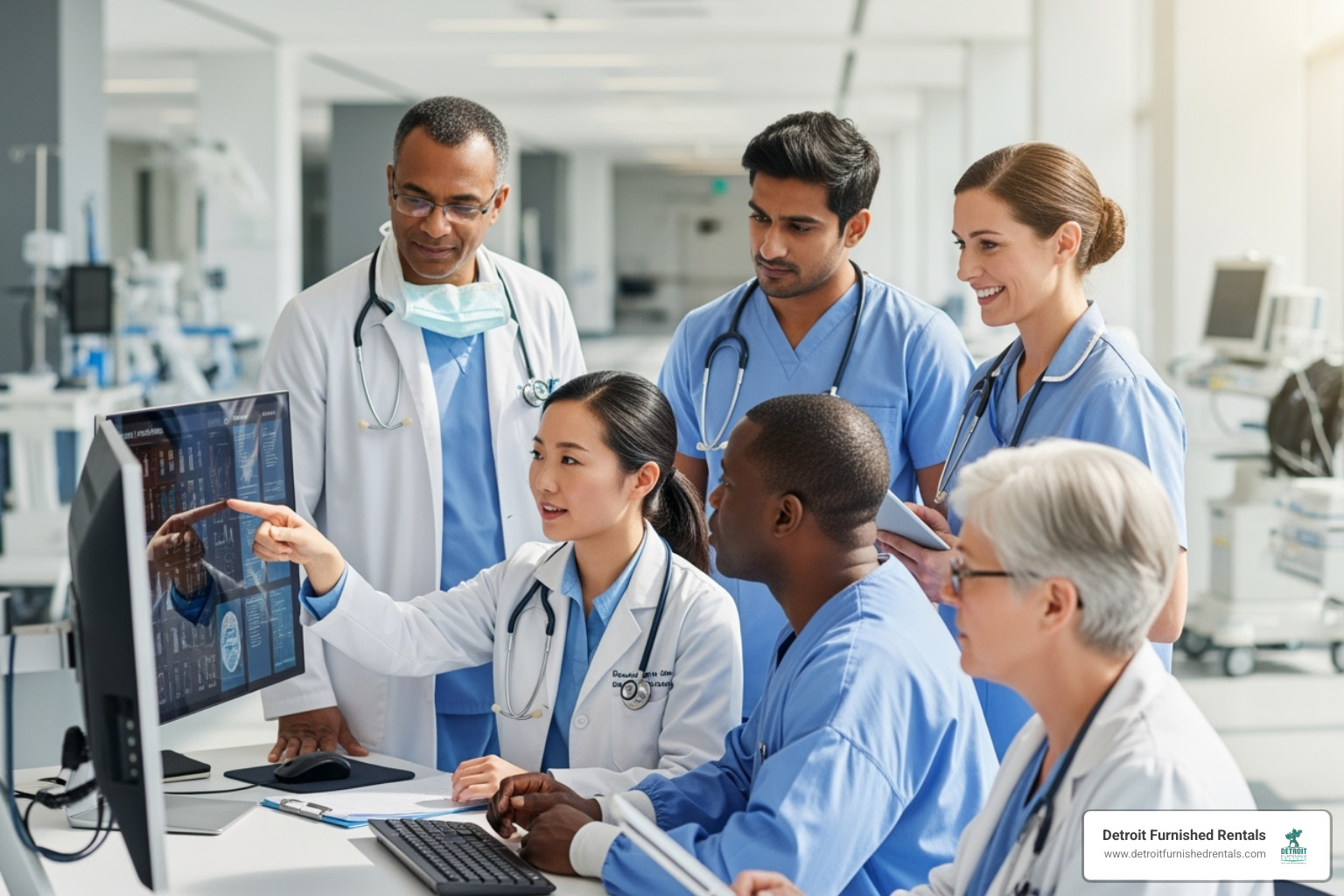 diverse medical team collaborating in a modern setting - metropolitan detroit area hospital services