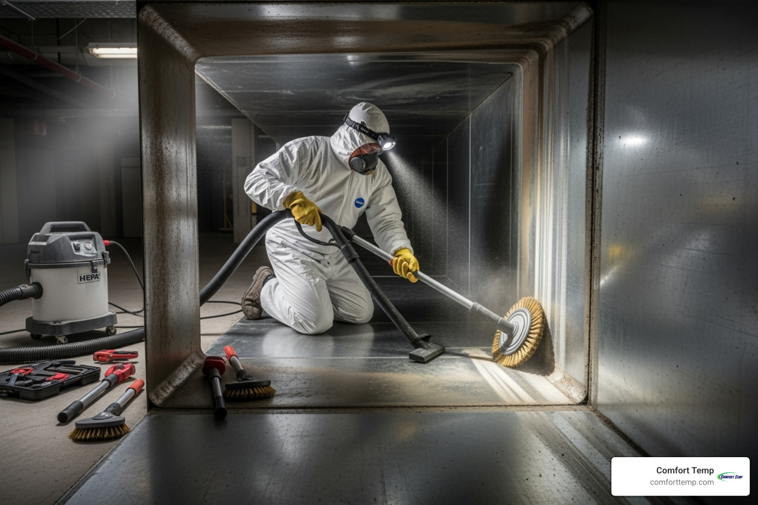 technician using a HEPA vacuum and brush system in an air duct - duct cleaning services technician using a HEPA vacuum and brush system in an air duct - duct cleaning services