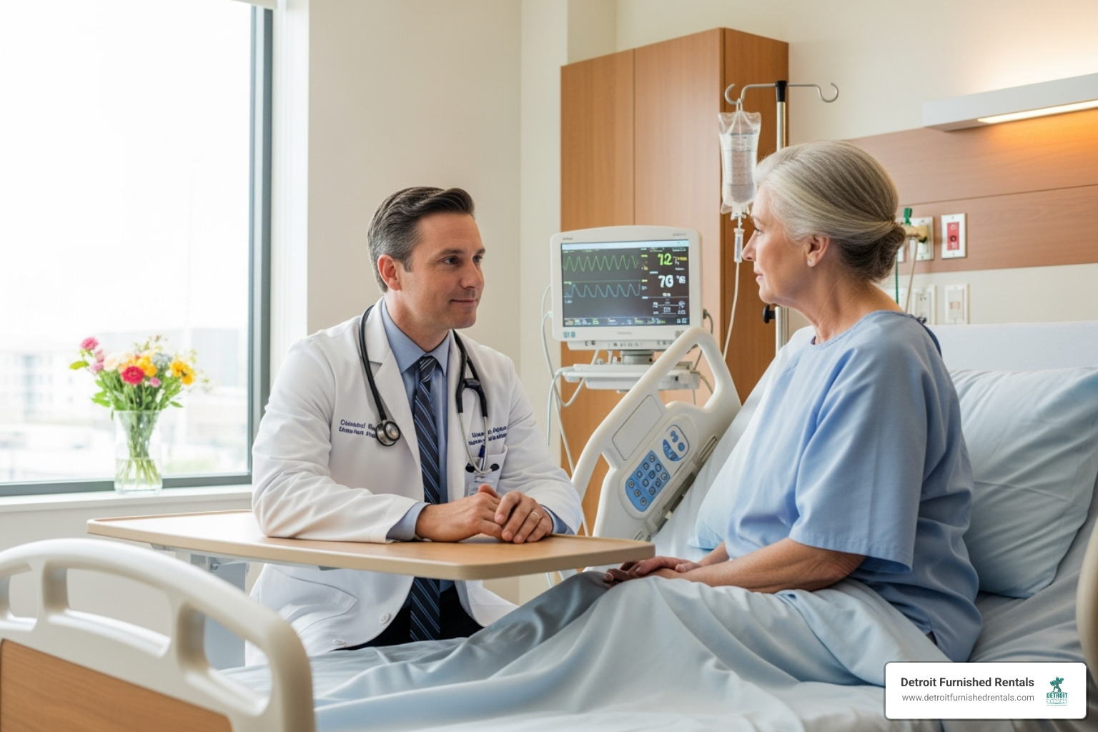 doctor consulting with a patient in a modern hospital room - st joseph hospital detroit mi