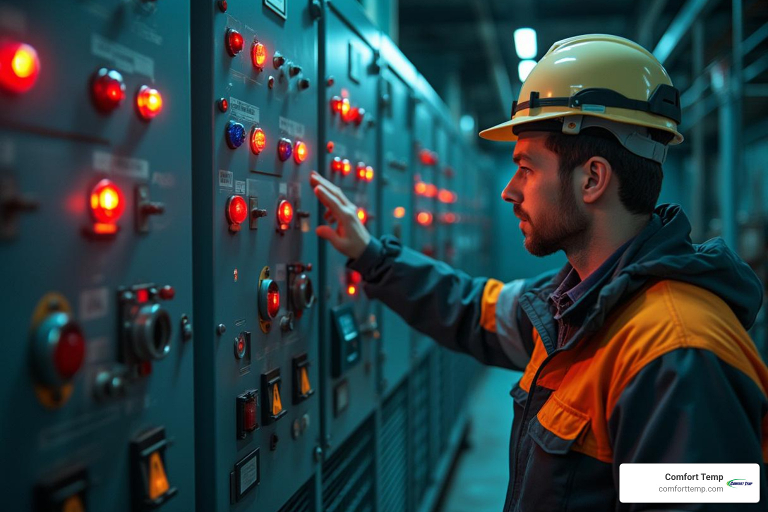 Technician inspecting a chiller control panel with warning lights - industrial chiller repair Technician inspecting a chiller control panel with warning lights - industrial chiller repair