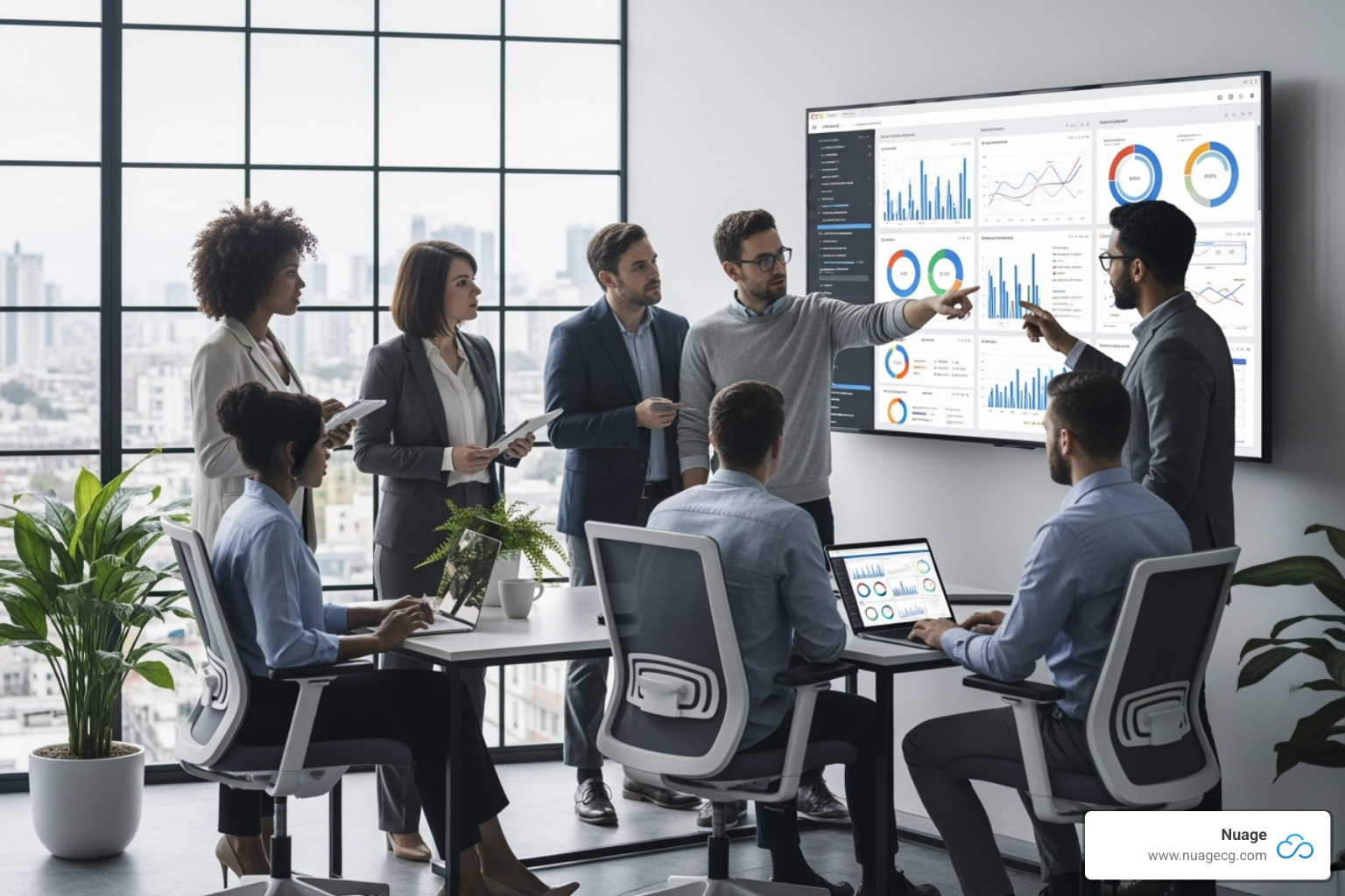 Team collaborating around a screen showing analytics software options - analytics and reporting tools
