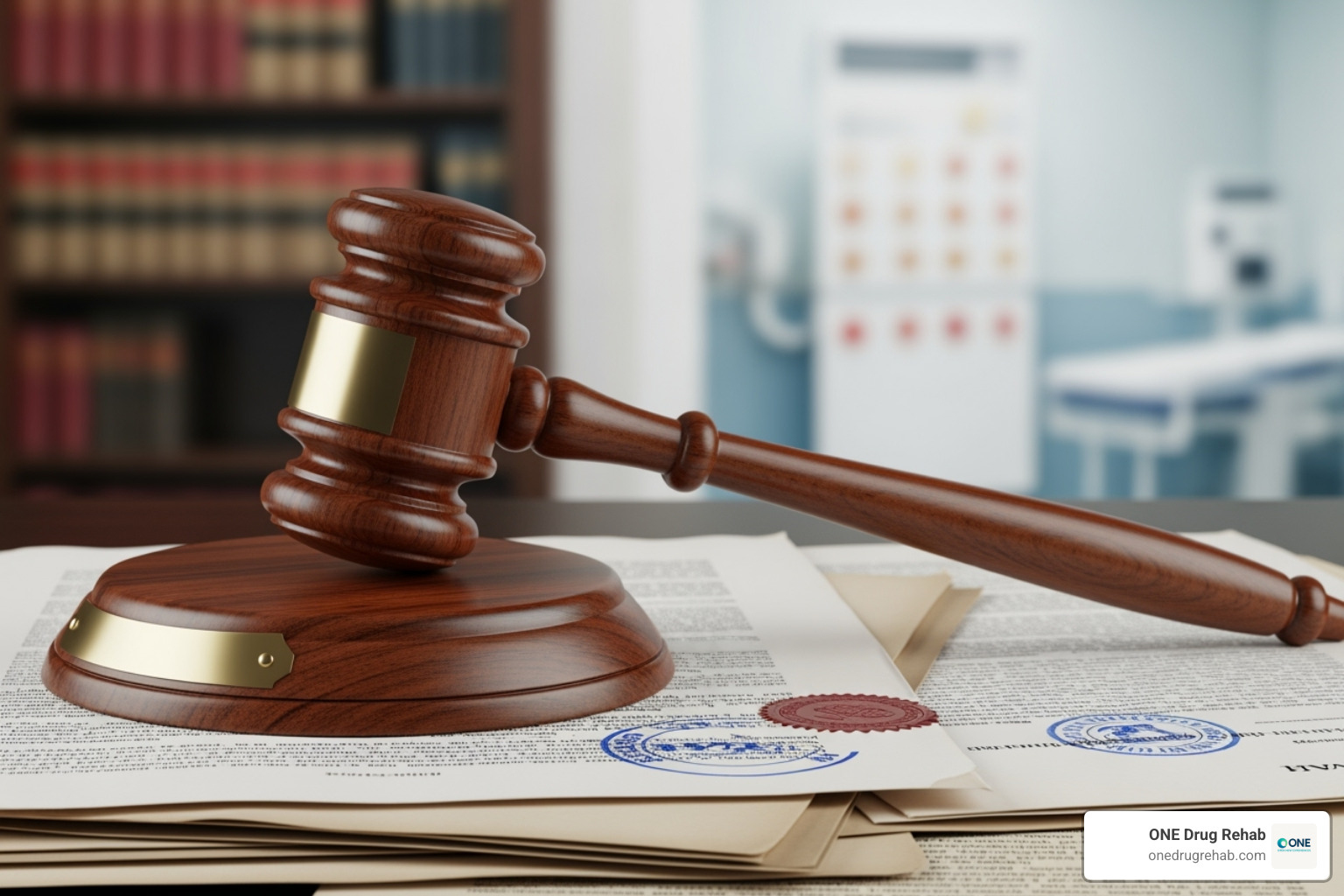 gavel and a document titled "Healthcare Law" - employer health insurance