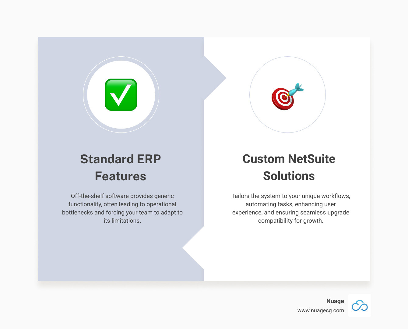 infographic explaining the difference between standard ERP features and custom solutions - NetSuite customization support infographic comparison-2-items-formal