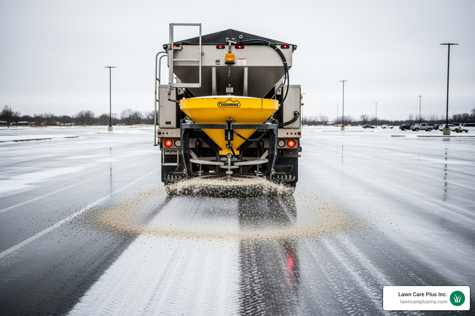 Salt spreader treating an icy parking lot - Parking Lot Plowing
