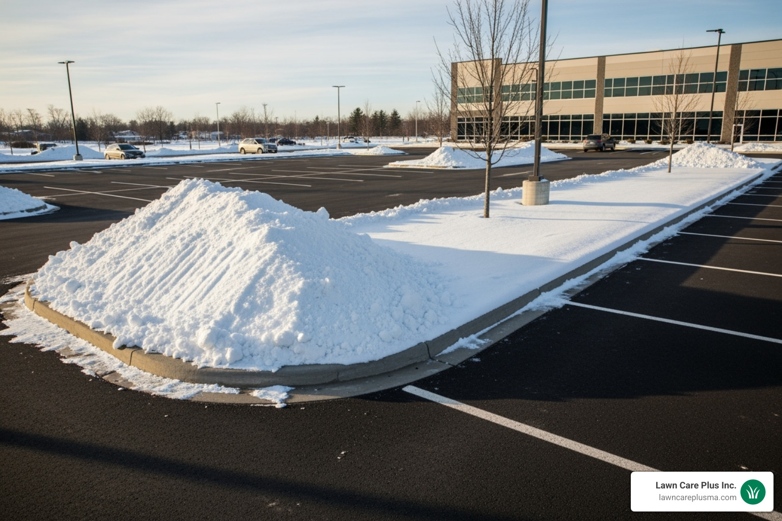 Large, neat snow pile on the perimeter of a commercial lot, away from traffic flow - Parking Lot Plowing