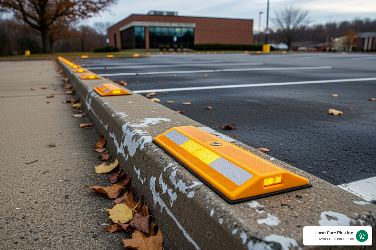 Reflective markers placed along a parking lot curb before winter - Parking Lot Plowing