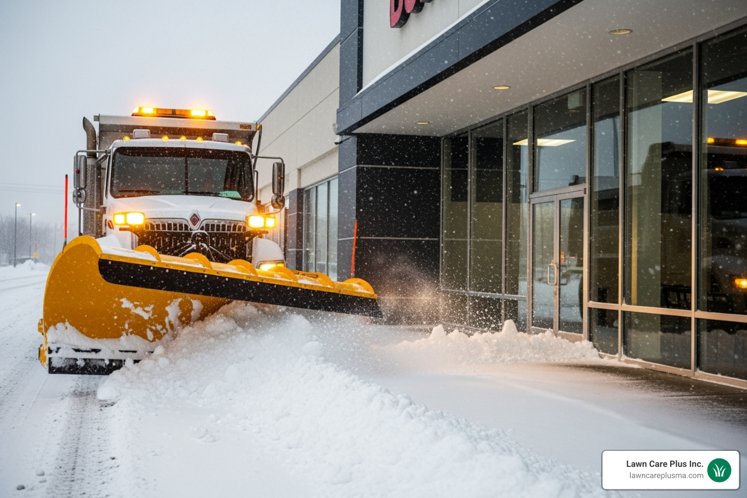 Truck back dragging snow away from a storefront - Parking Lot Plowing