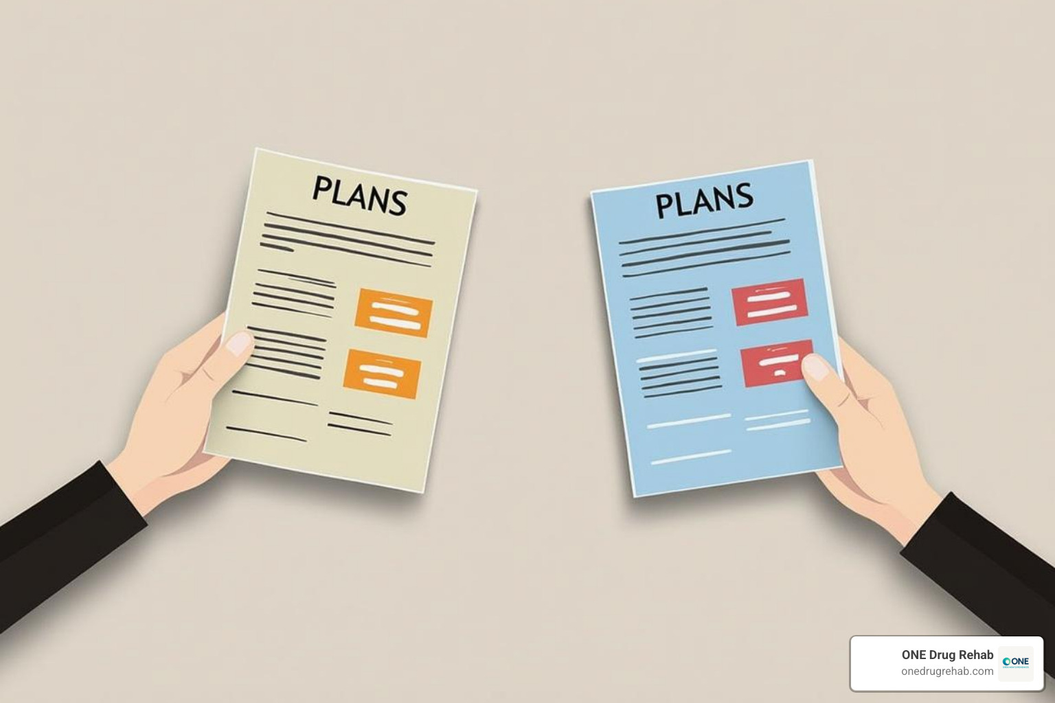 person comparing two documents, one labeled "Employer Plan" and the other "Individual Plan" - employer health insurance