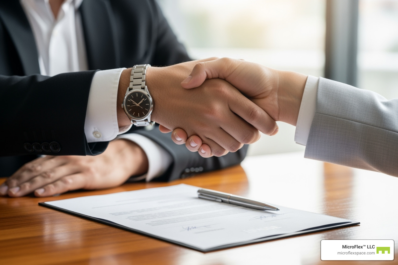 Two people shaking hands over a signed lease document, symbolizing a successful agreement. - commercial leasing near me Two people shaking hands over a signed lease document, symbolizing a successful agreement. - commercial leasing near me