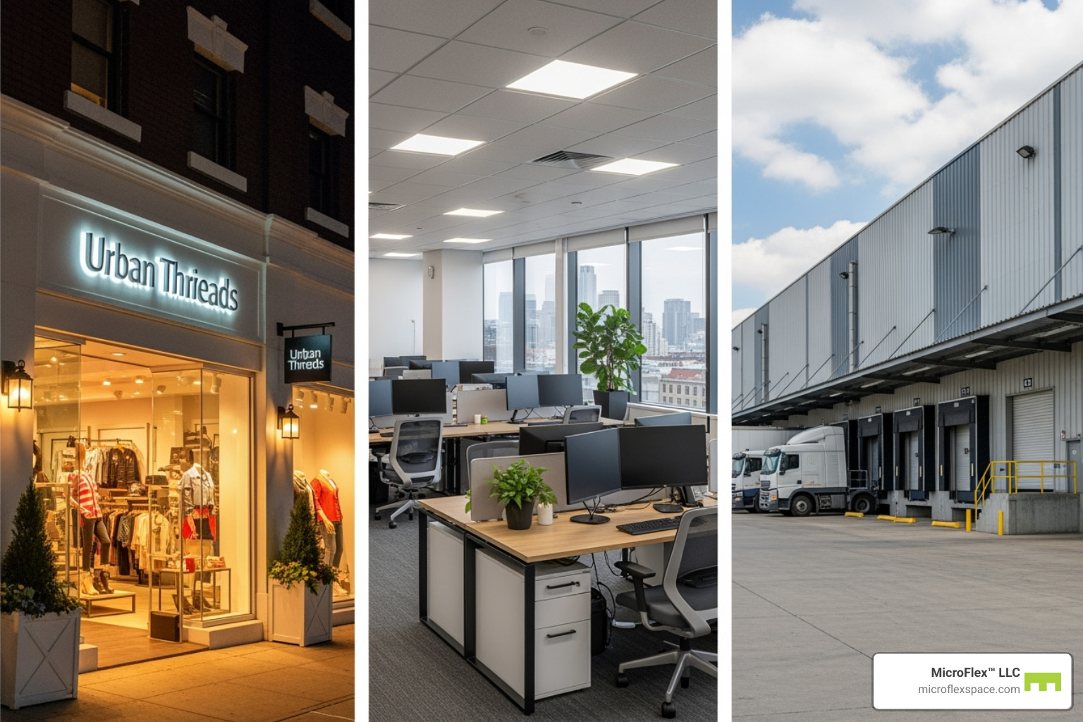 Different commercial property types: a retail storefront, an office interior, and a warehouse exterior. - commercial leasing near me Different commercial property types: a retail storefront, an office interior, and a warehouse exterior. - commercial leasing near me