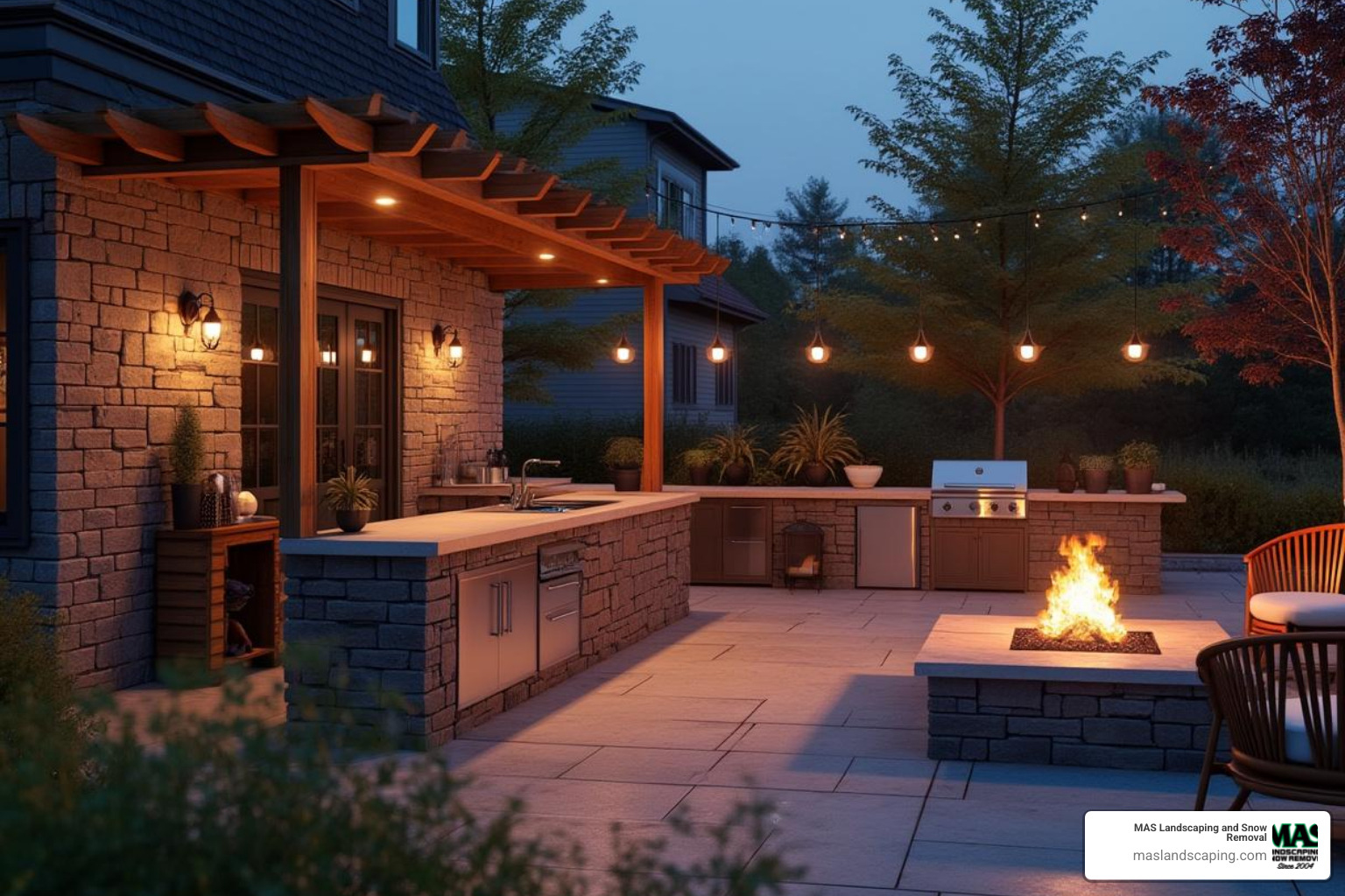 Outdoor kitchen and fire pit area at dusk - Hardscaping Services