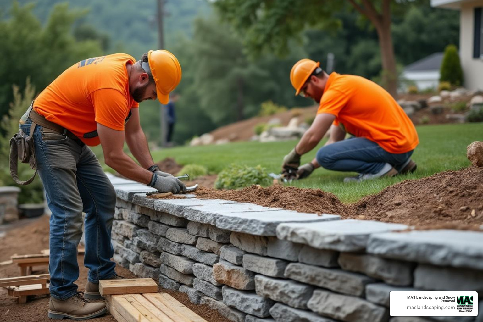 Professional hardscaping team working on a retaining wall - Hardscaping Services