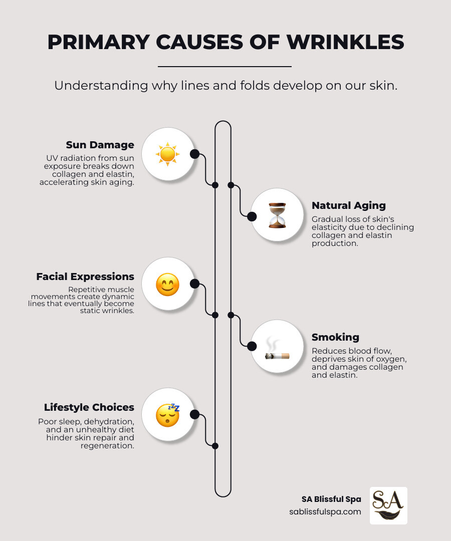 Infographic illustrating the primary causes of wrinkles, including sun exposure, natural collagen and elastin loss, repetitive facial expressions, smoking, and lifestyle factors like poor sleep and diet - facial treatments for wrinkles infographic infographic-line-5-steps-neat_beige Infographic illustrating the primary causes of wrinkles, including sun exposure, natural collagen and elastin loss, repetitive facial expressions, smoking, and lifestyle factors like poor sleep and diet - facial treatments for wrinkles infographic infographic-line-5-steps-neat_beige