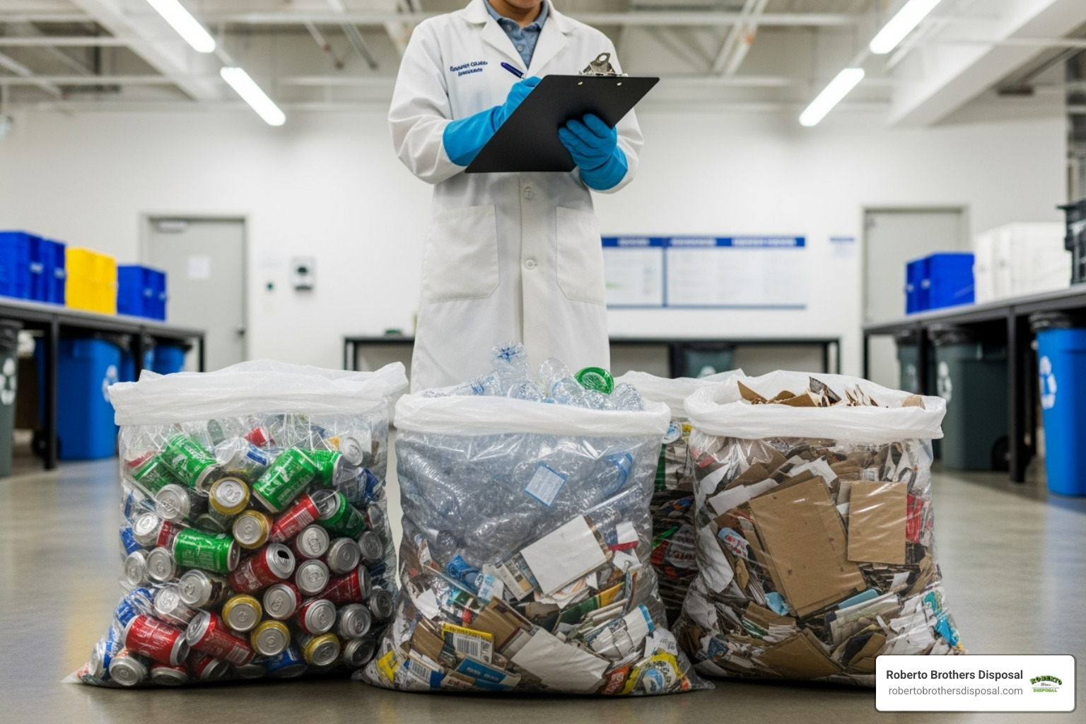 Image of a person conducting a waste audit with clear bags of sorted materials - Commercial recycling solutions Image of a person conducting a waste audit with clear bags of sorted materials - Commercial recycling solutions