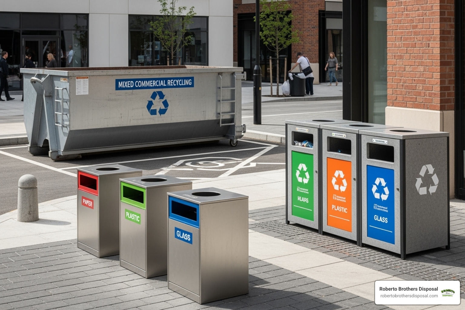 Image of different types of commercial recycling containers, from small office bins to a large roll-off dumpster - Commercial recycling solutions Image of different types of commercial recycling containers, from small office bins to a large roll-off dumpster - Commercial recycling solutions