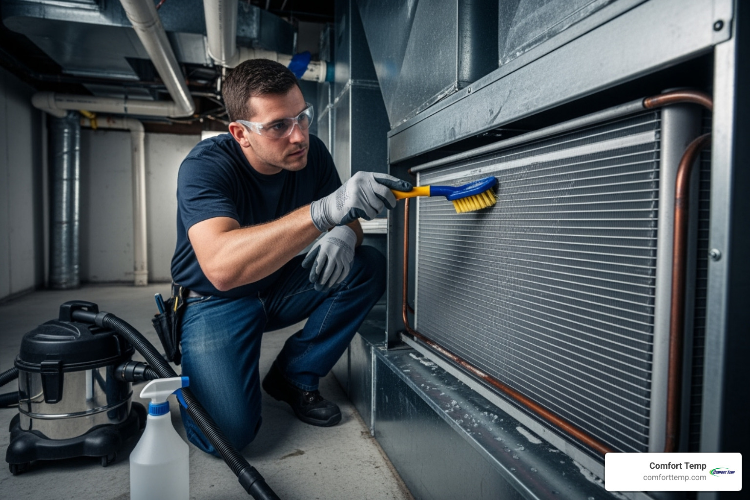 Technician cleaning an AC evaporator coil - how much is yearly ac maintenance Technician cleaning an AC evaporator coil - how much is yearly ac maintenance