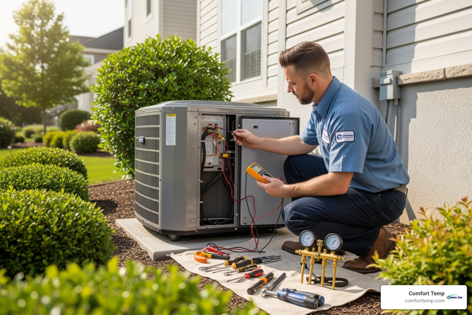 Technician inspecting an outdoor AC unit - how much is yearly ac maintenance Technician inspecting an outdoor AC unit - how much is yearly ac maintenance