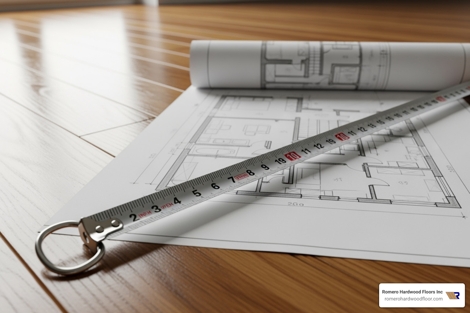 Measuring tape on a hardwood floor plan - Best local flooring contractors Measuring tape on a hardwood floor plan - Best local flooring contractors