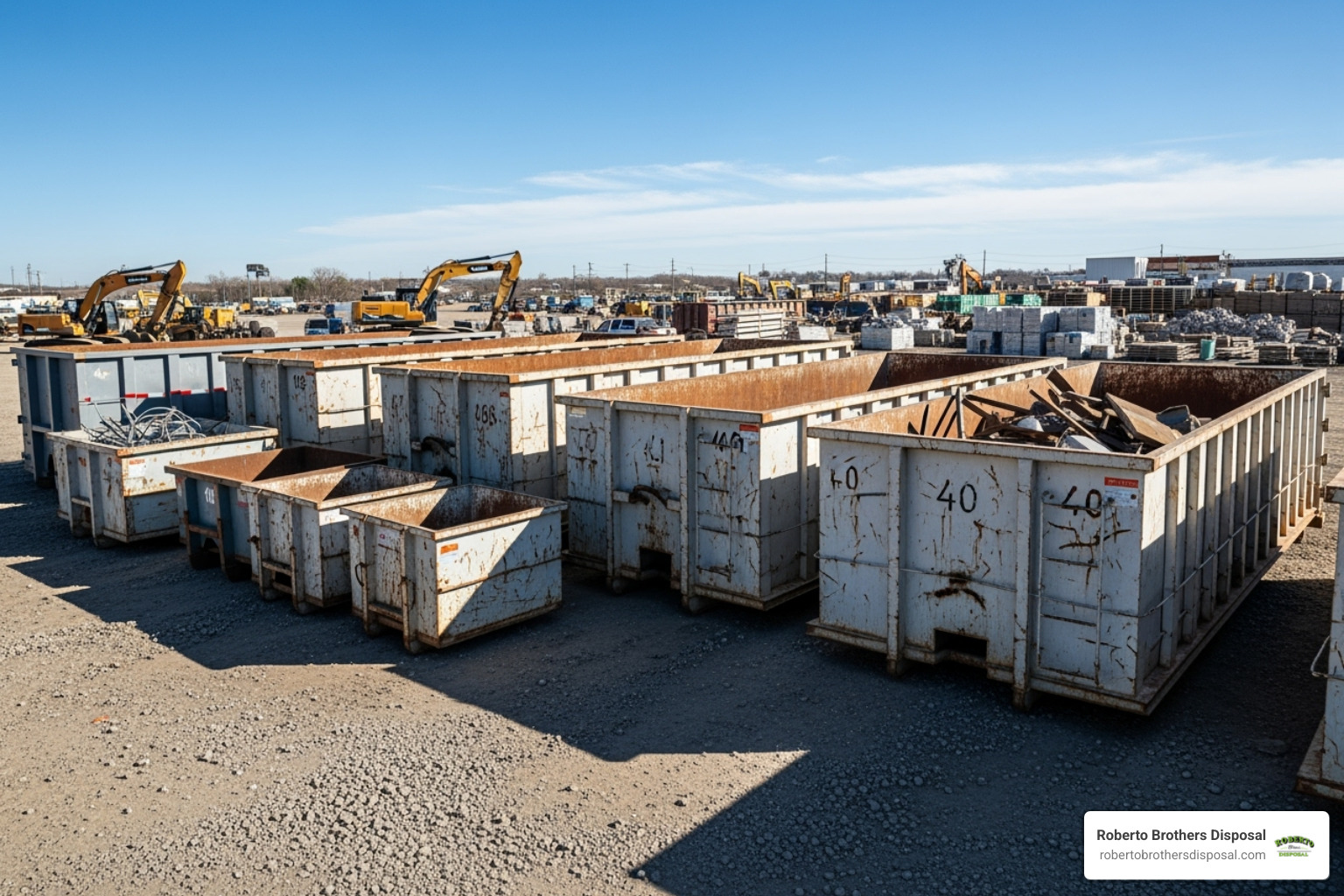 different sized roll-off dumpsters lined up - Commercial roll off